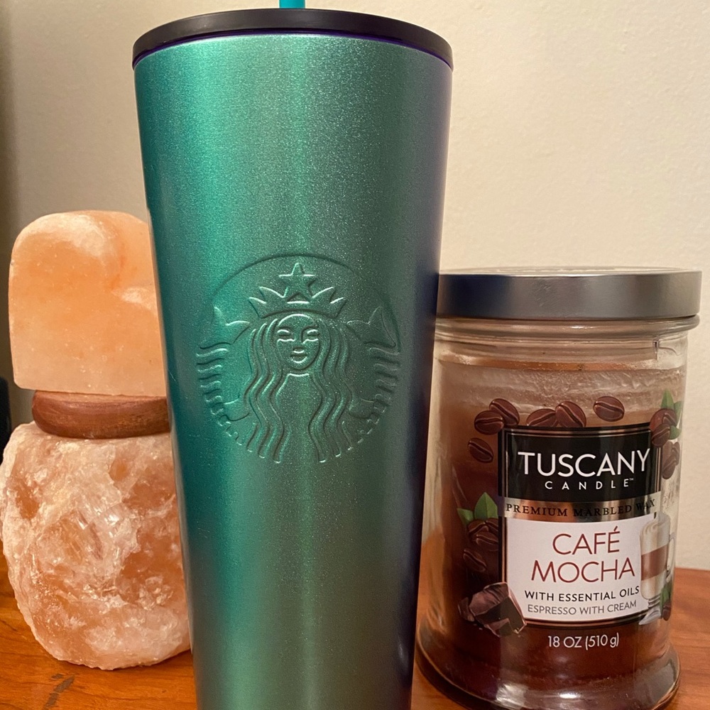Blue green sparkly metal Starbucks tumbler.